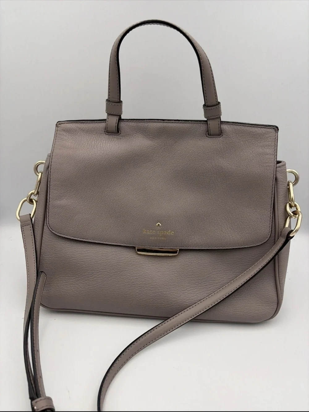 kate spade Rea Robinson Lane Taupe pebbled Leather Satchel with Gold Hardware